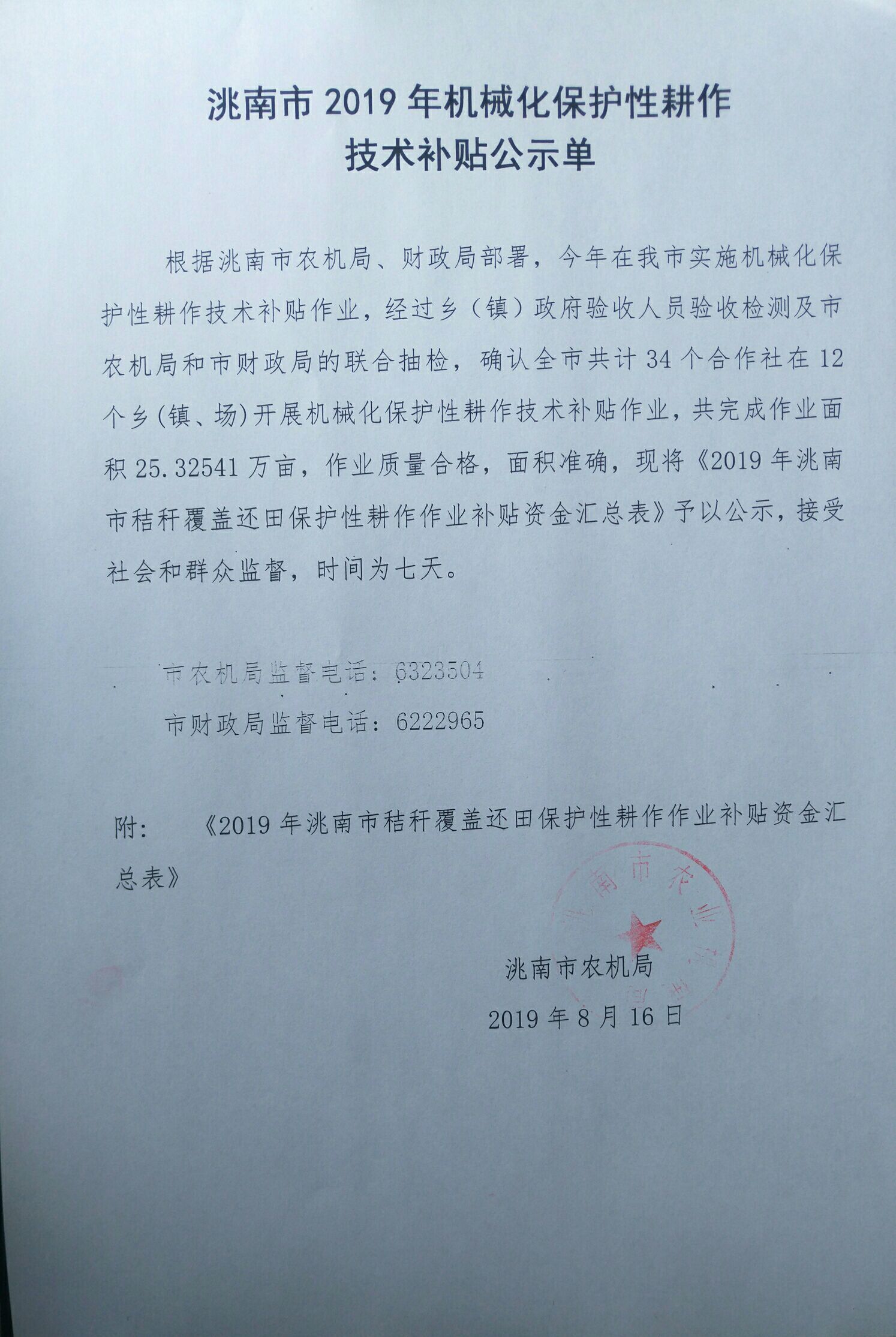   2019  年洮南市秸稈覆蓋還田保護性耕作作業(yè)補貼資金匯總表